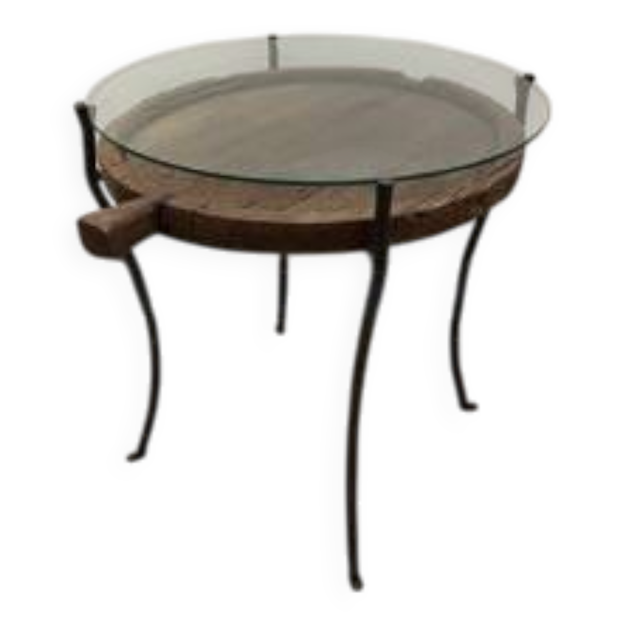 decorative wrought iron round table, glass and wood top.