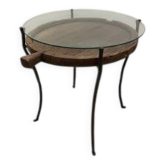 decorative wrought iron round table, glass and wood top.