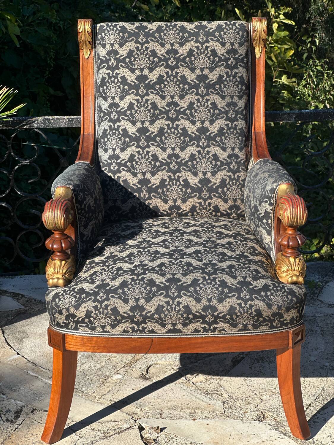Pair of Mahogany Bergère Armchairs with Chimera Motifs, 19th Century