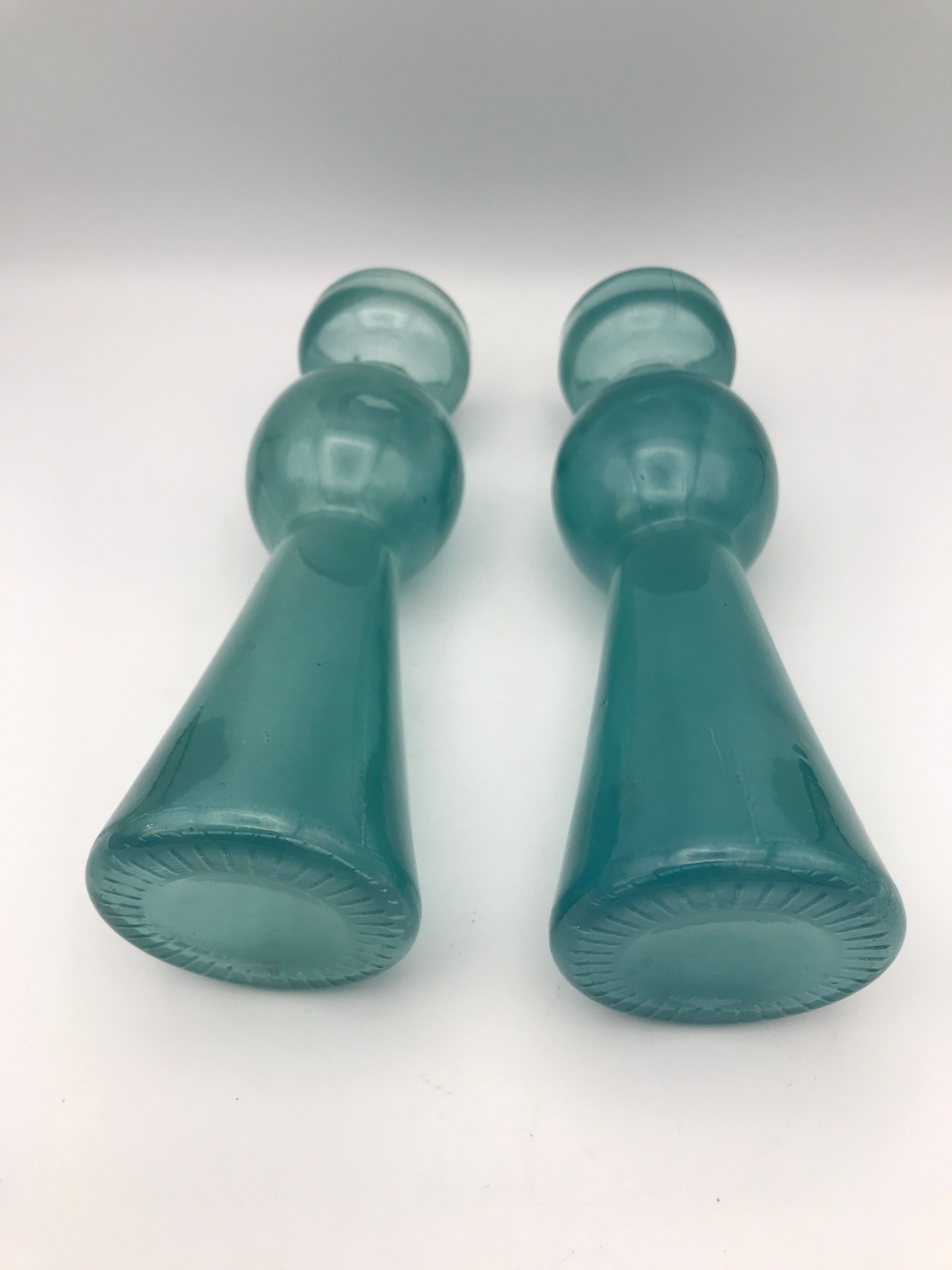 Pair of vintage candlesticks in molded glass turquoise blue 20 cm