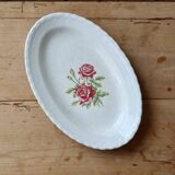 Vintage earthenware dish with rose pattern and patina