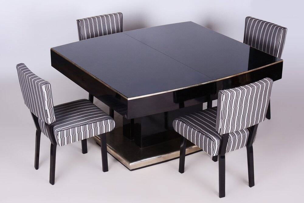Large Art Deco Chrome and Black Glass Extendable Dining Table, 1930s