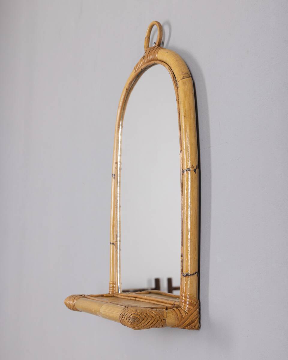 Vintage 1960s Wall Mirror with Bamboo Shelf, Italian Design