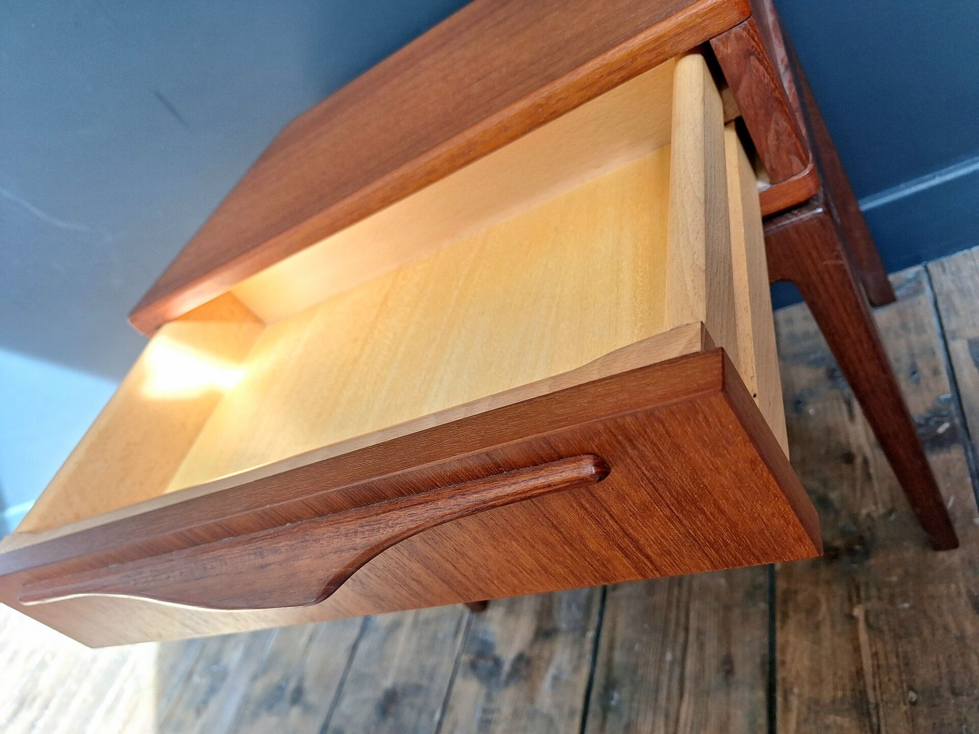 Vintage teak bedside table, Scandinavian design nightstand, accent furniture.