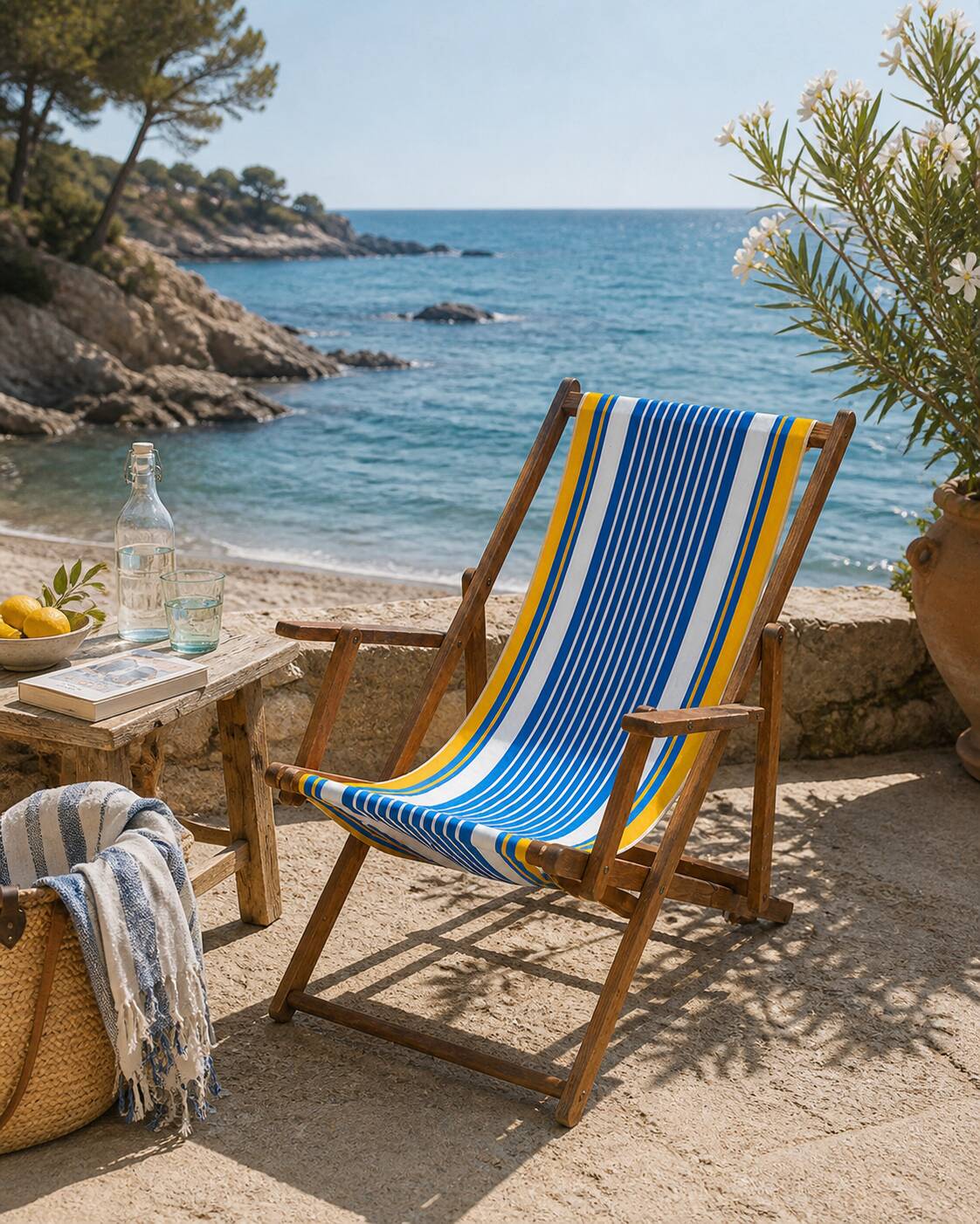 Vintage deck chair with blue and yellow striped fabric, original patina.
