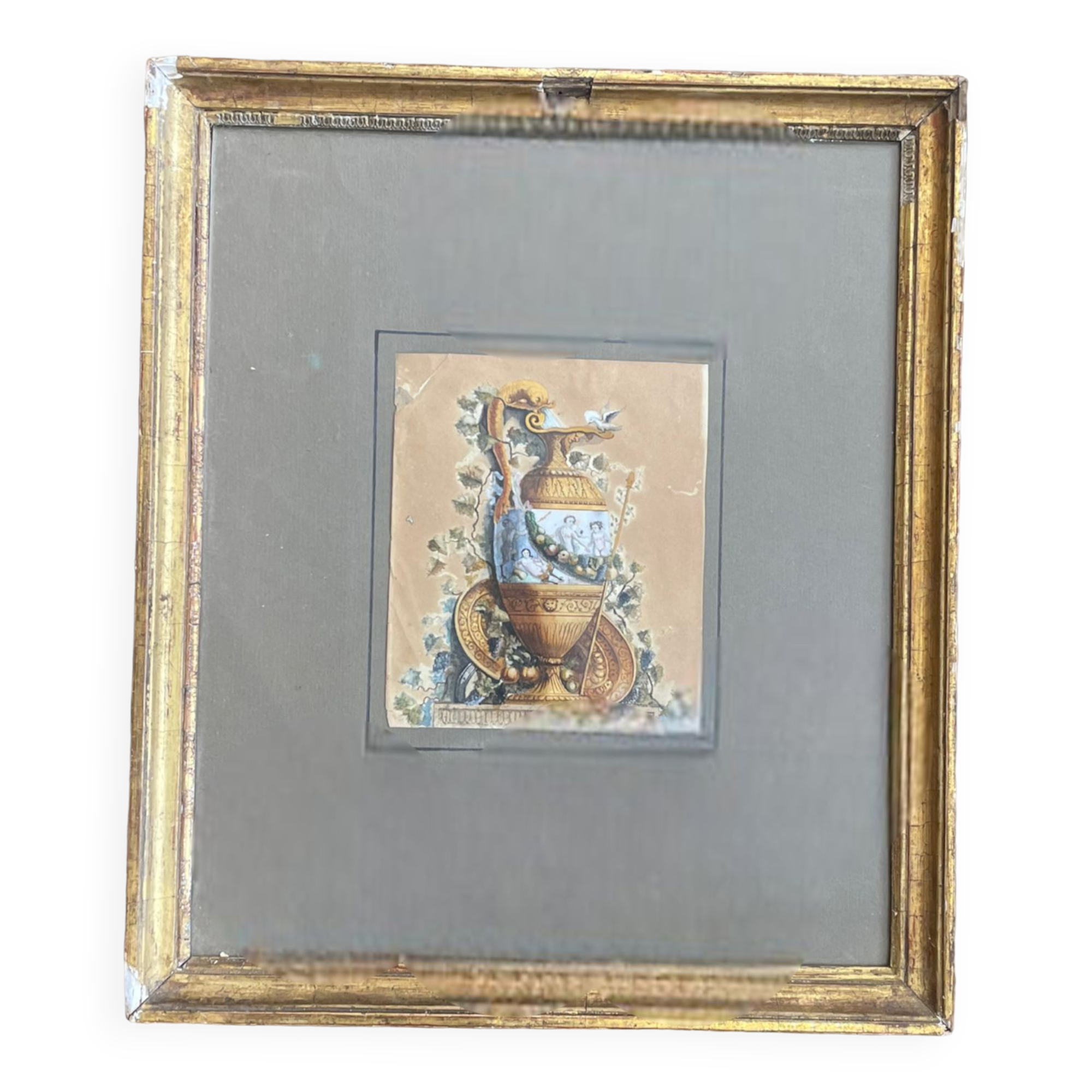 Watercolor XIXth Fountain at Antique Signed H. Lozé