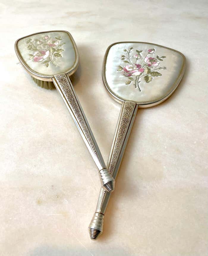 Toiletry set - metal and silk brush and hand mirror England from the 50s
