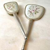 Toiletry set - metal and silk brush and hand mirror England from the 50s