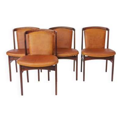 Ensemble de 4 chaises de salle à manger Erik Buch en palissandre avec cuir cognac, style danois des années 50.