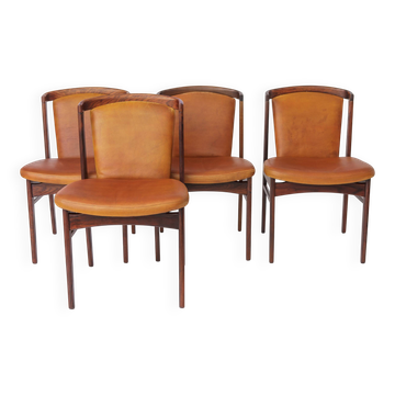 Set of 4 Erik Buch Rosewood Dining Chairs Cognac Leather Danish Mid Century