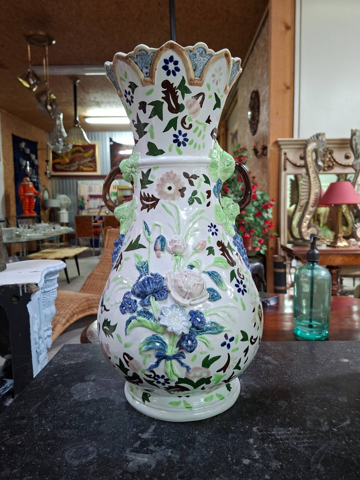 polychrome faience vase with relief floral decoration – 20th century