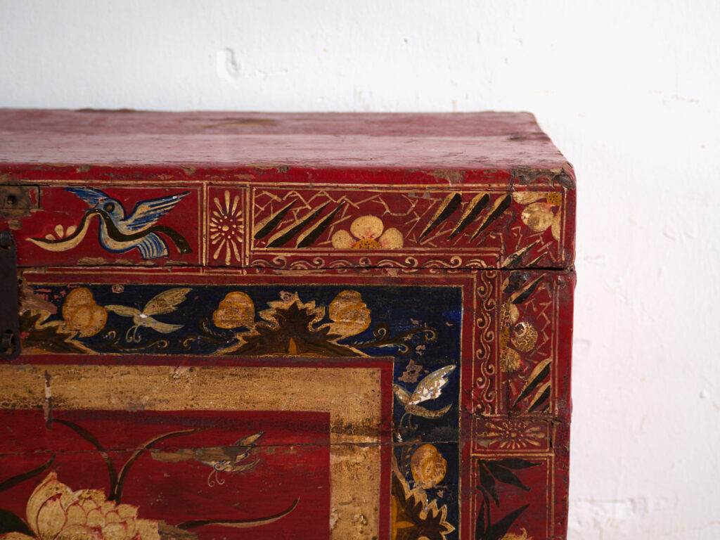 Antique chest painted vermilion red made of pine – China, circa 1900