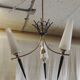 Modernist chandelier with 3 lights in gold and black metal, opaline shade - 50s