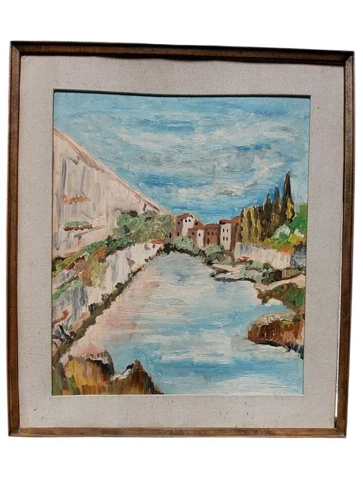 Rare oil painting Giuseppe Serafini view of the Arno Montelupo Fiorentino 1962