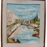 Rare oil painting Giuseppe Serafini view of the Arno Montelupo Fiorentino 1962
