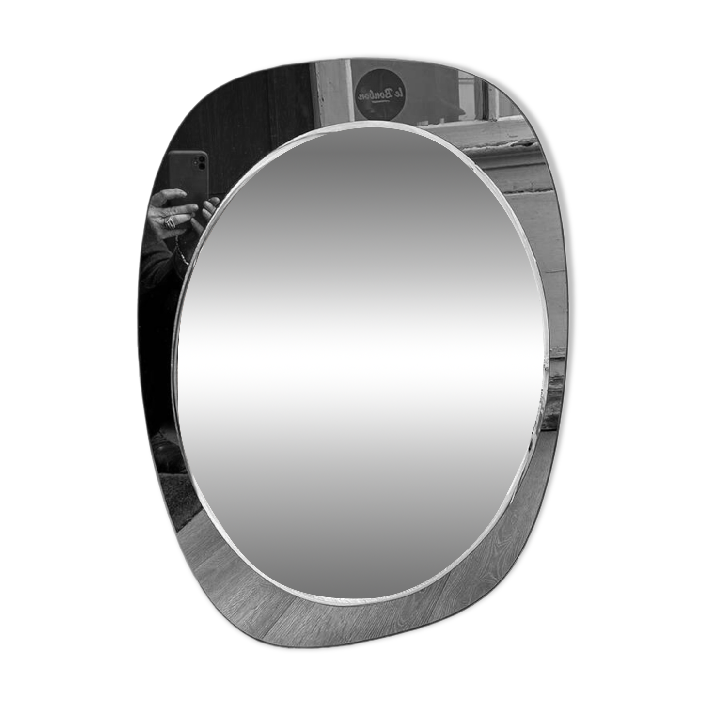 Beveled mirror, smoked glass frame, 1970