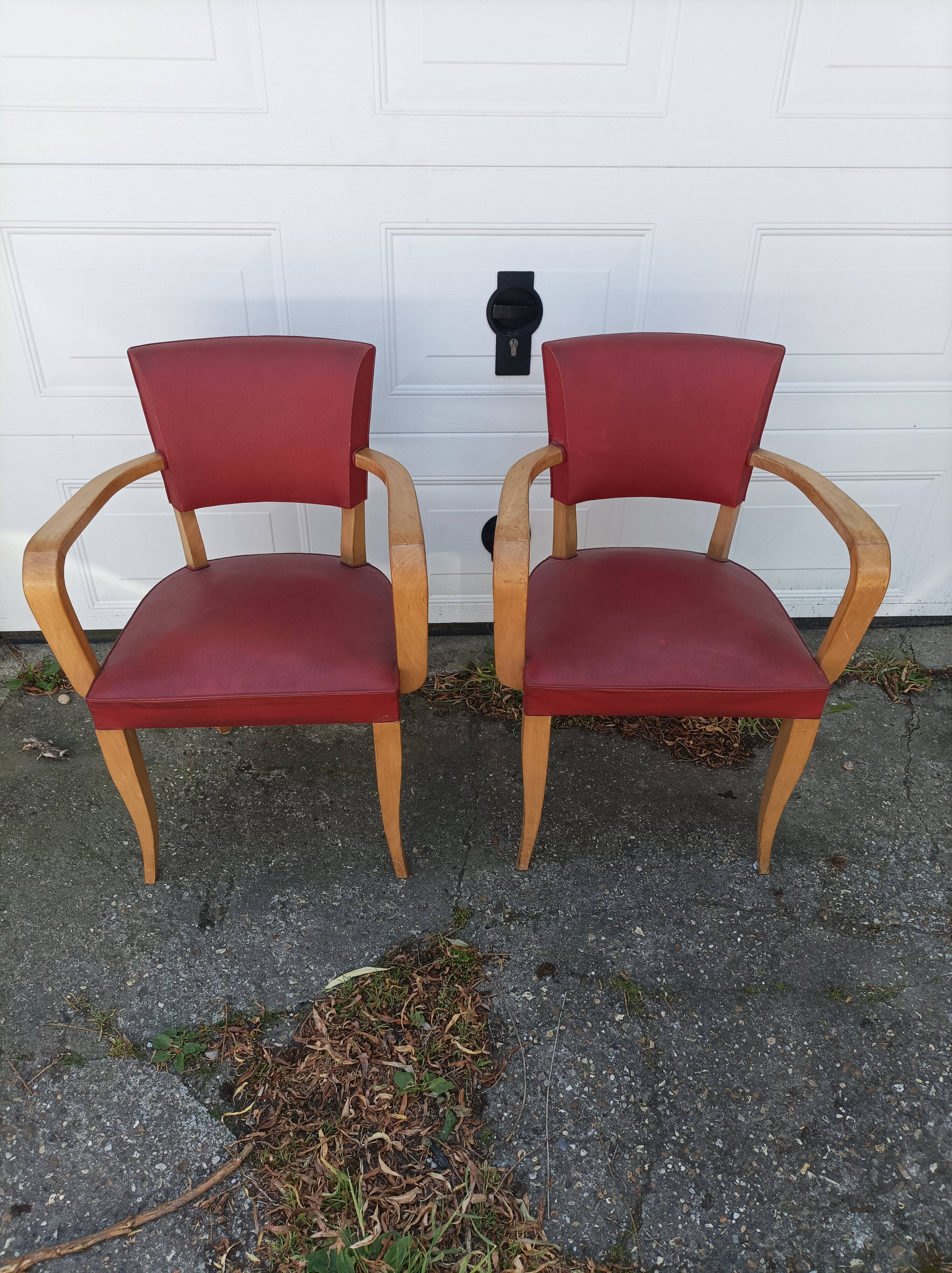 Pair old armchairs bridge skaï red chair
