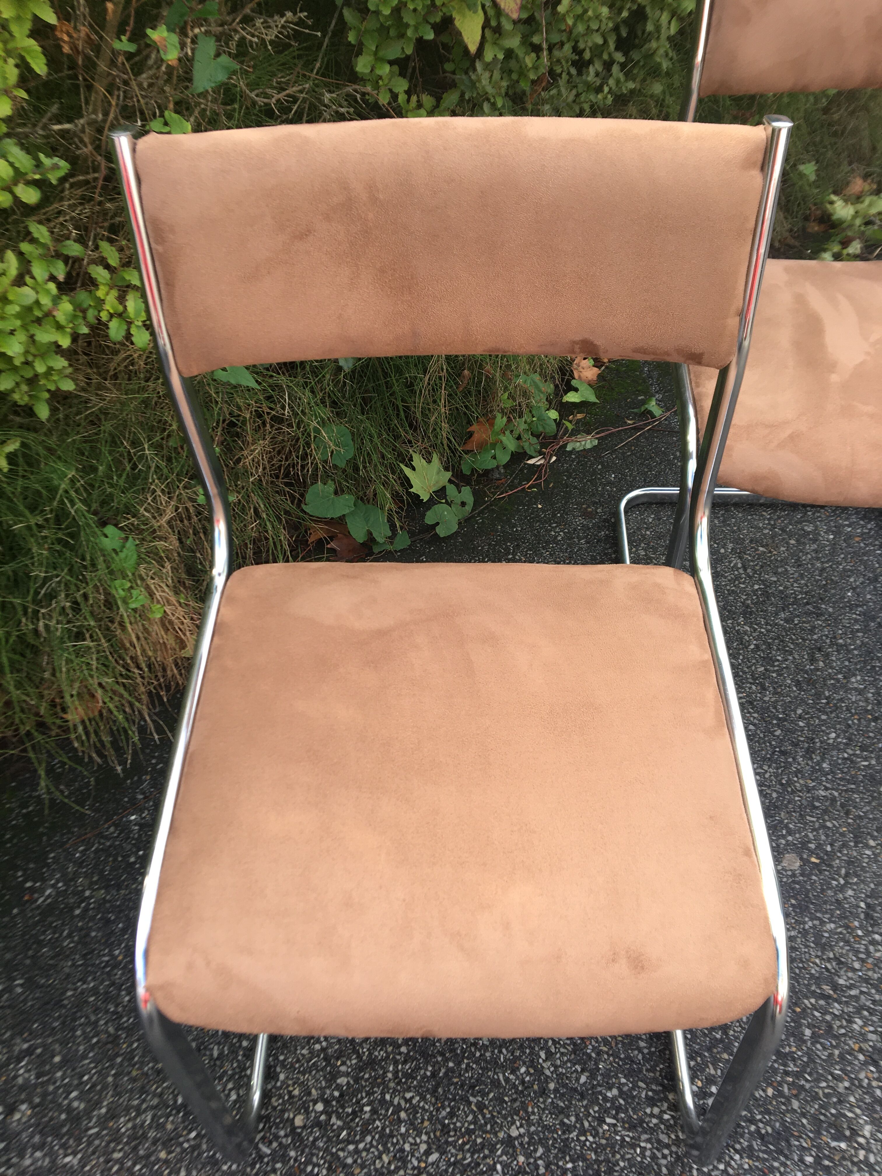 4  chrome steel chairs velvet tobacco 1970