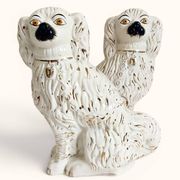 Pair of King Charles Spaniel dogs in Staffordshire majolica style.