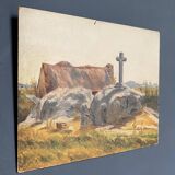 Huile sur carton 1930 représentant un calvaire breton et une chaumière
