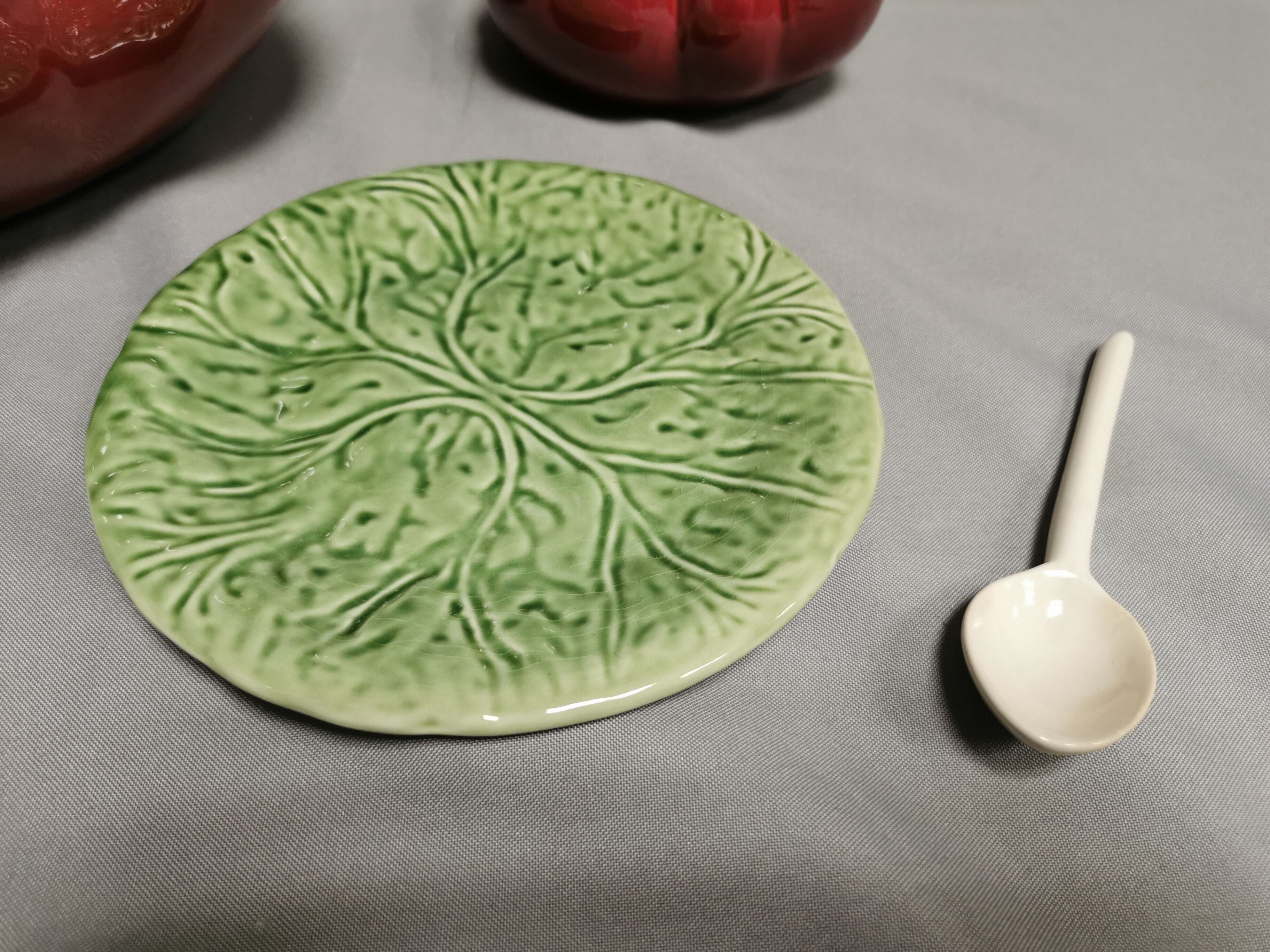 Vintage soup tureen + Trompe l'oeil sauce boat, majolica tomato shape