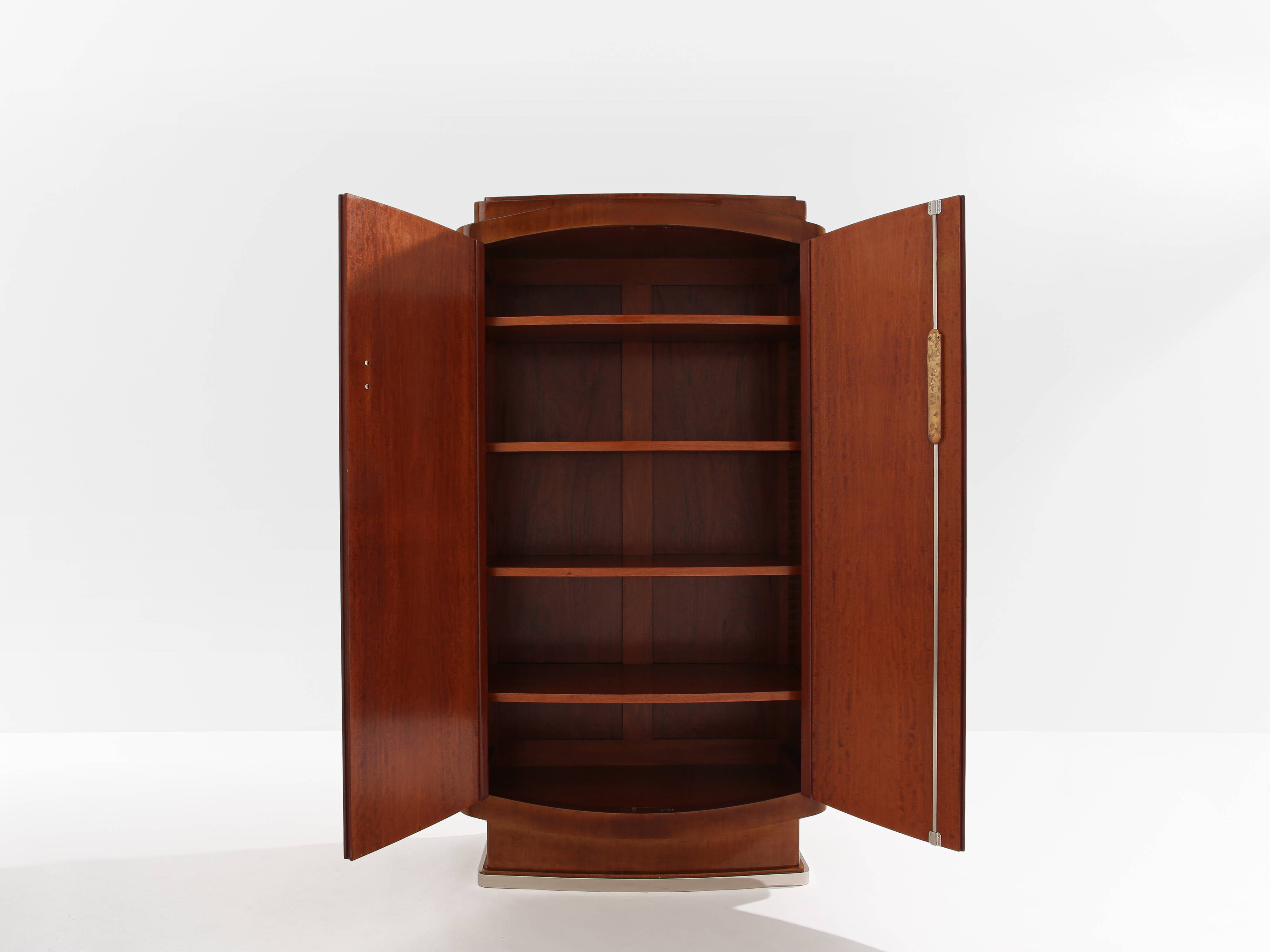 Jules Leleu cabinet in flame mahogany and nickel metal 1930