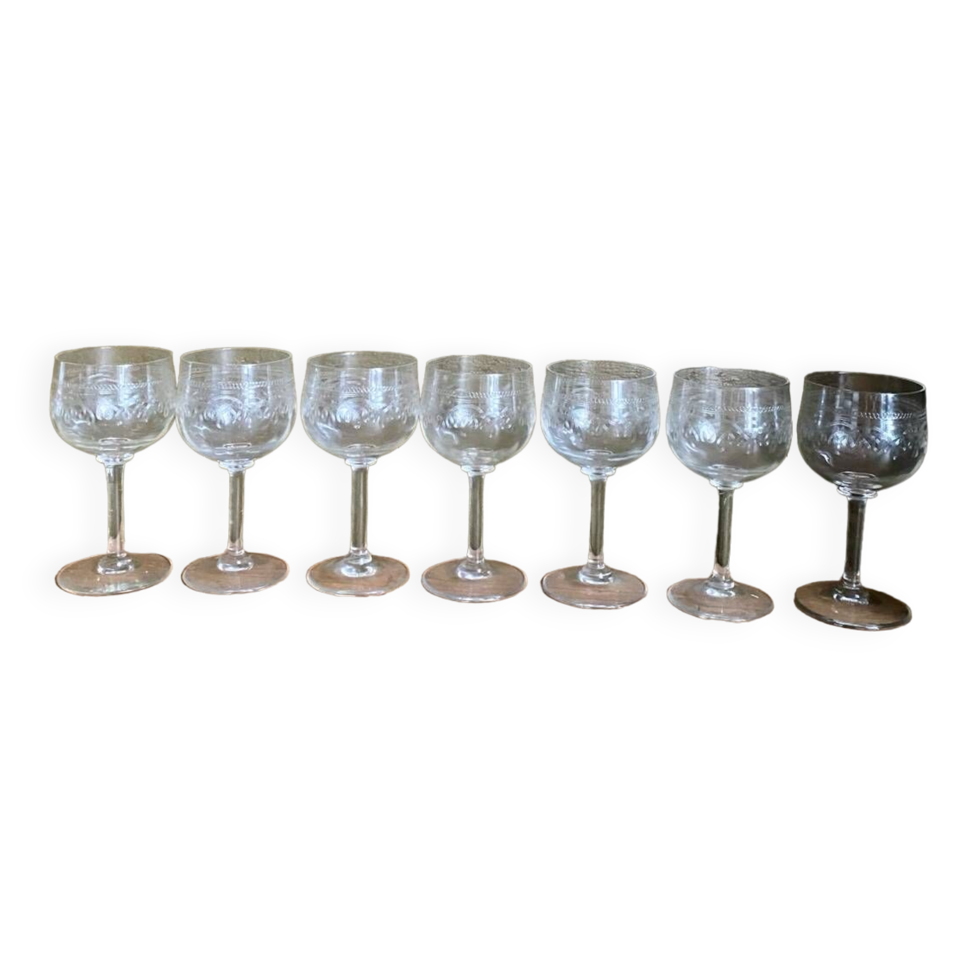Set of 7 old etched glass stemware