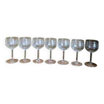Set of 7 old etched glass stemware