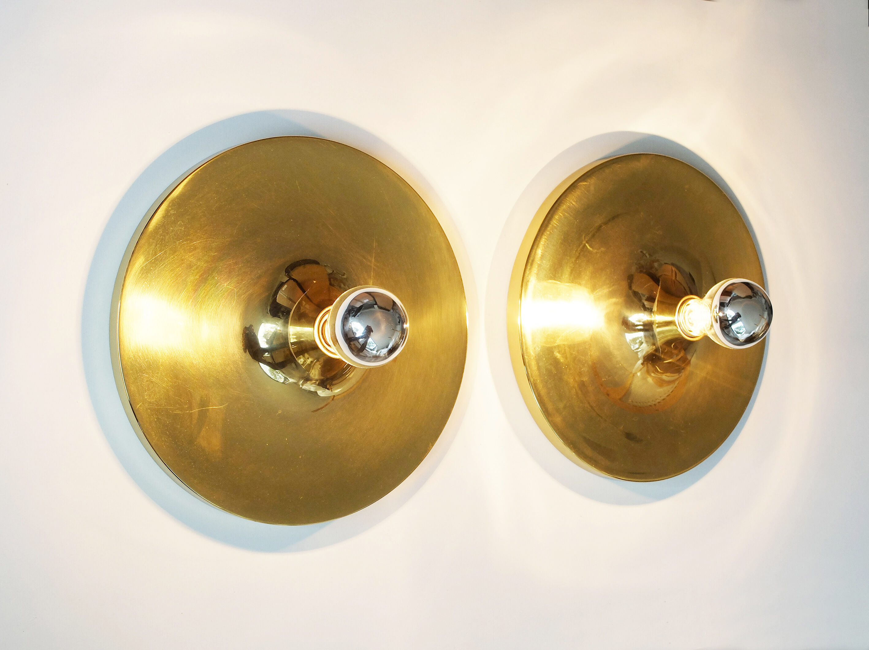 Pair of gold space-age wall lamps flush light gold sölken leuchten germany