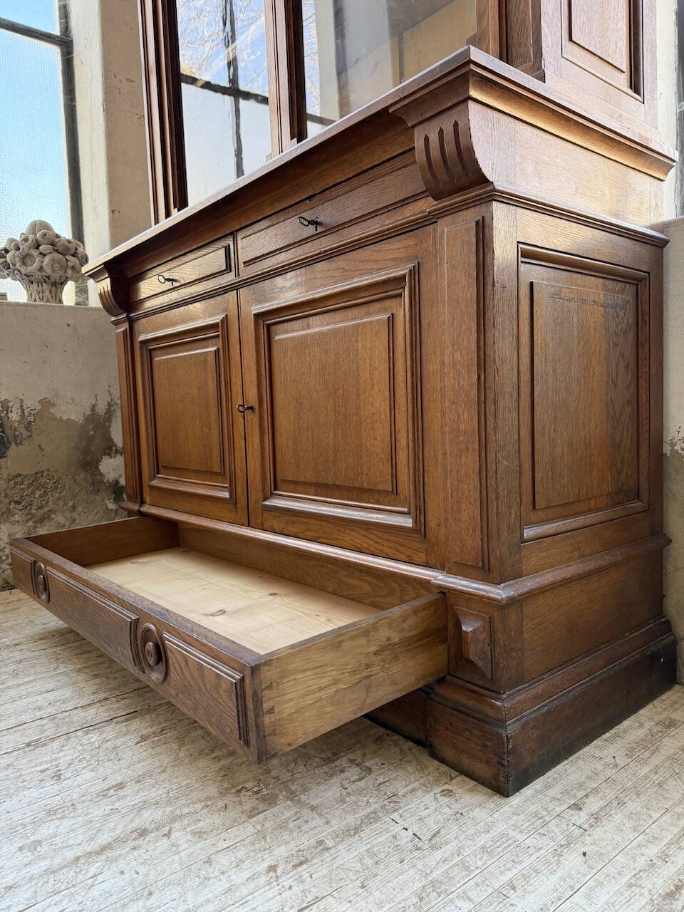 Antique XL Napoleonic oak glass bookcase, 19th century