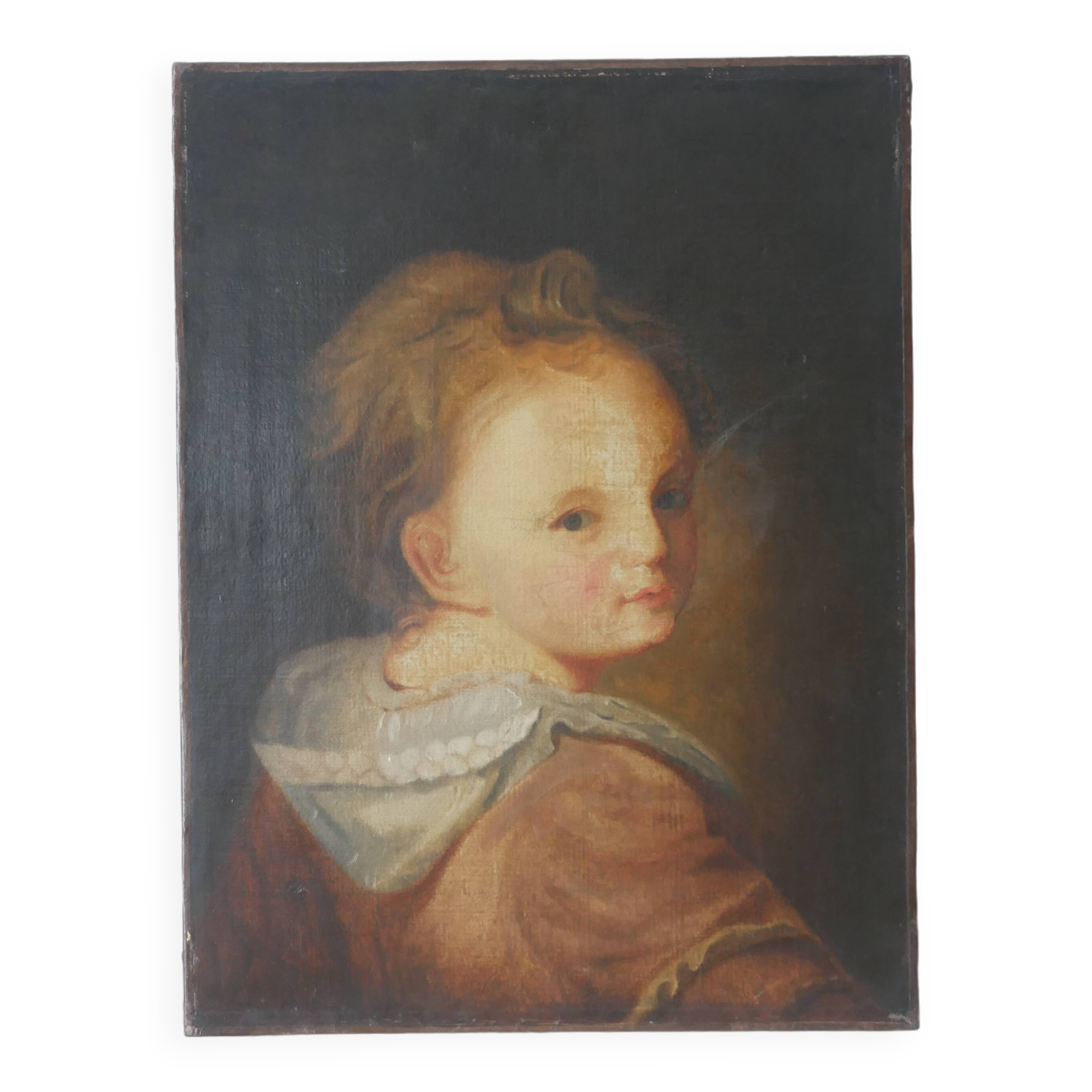 Old oil painting on canvas, countryside decoration, child portrait