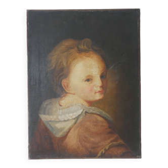 Old oil painting on canvas, countryside decoration, child portrait