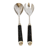 Set of salad serving cutlery in silver metal and resin