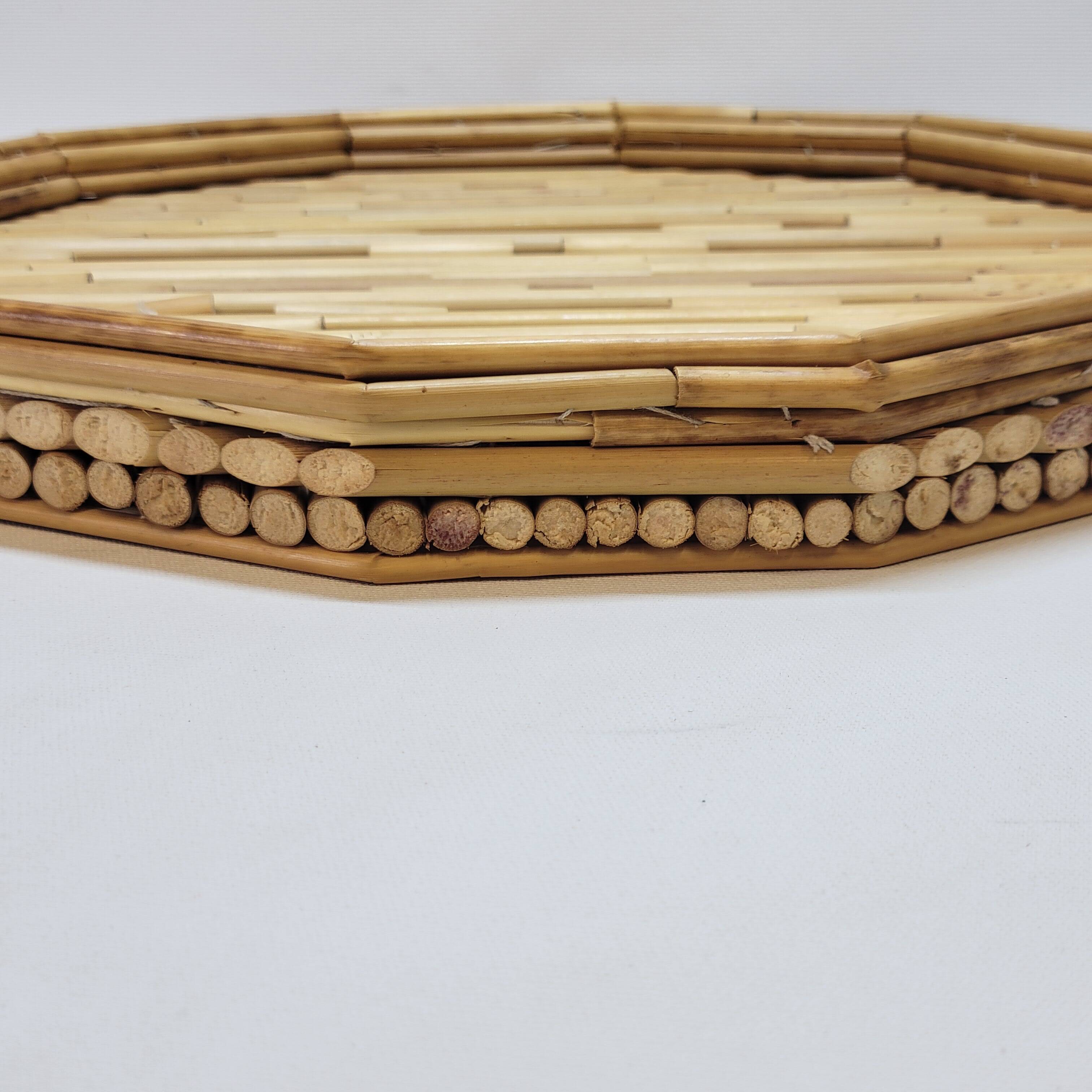 Rattan straw bamboo serving tray French vintage 70s