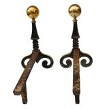 Gilded bronze andirons with rounded ball and patterns, antique fireplace accessory