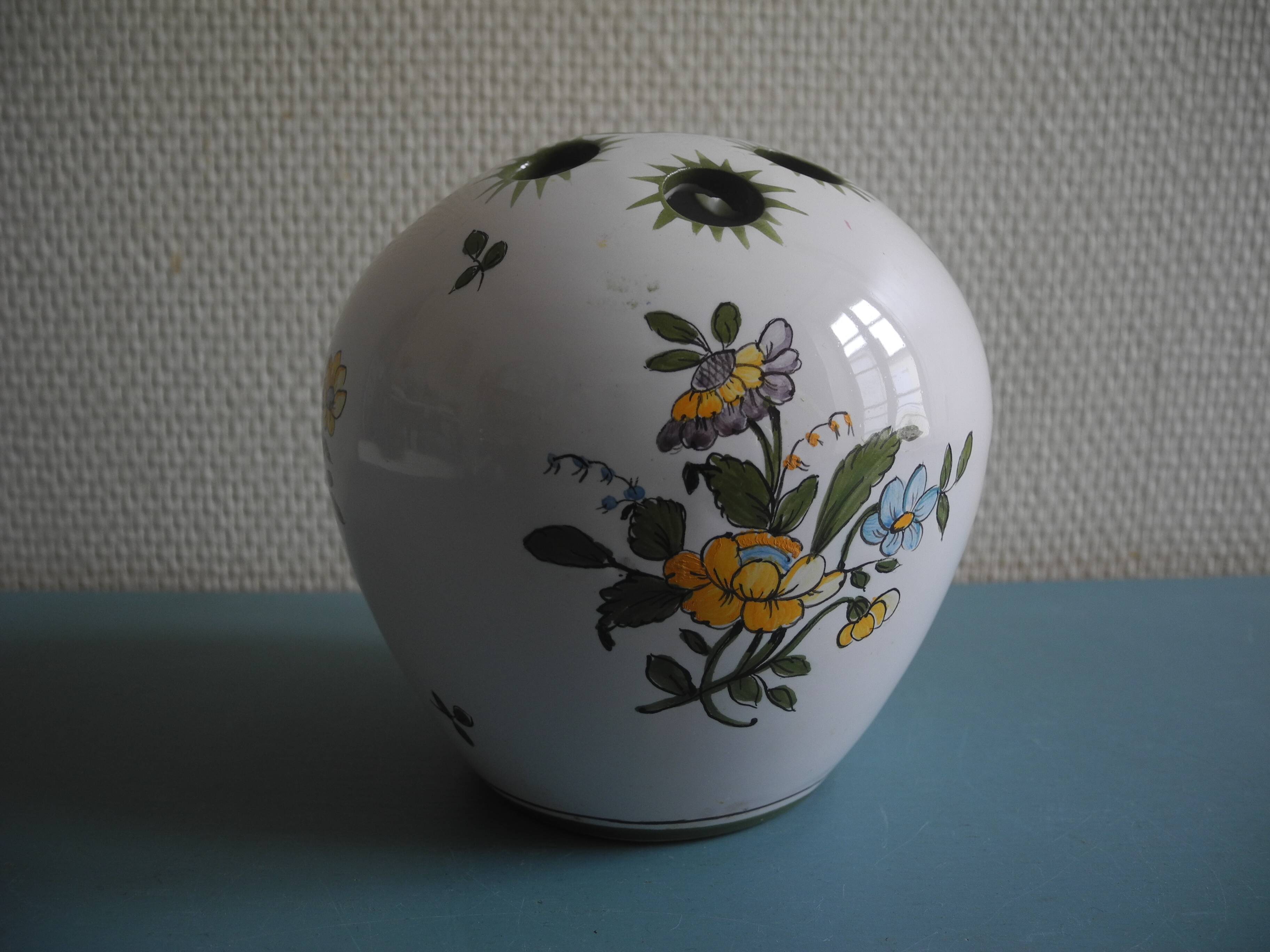 Lallier Moustiers vintage French vase bouquetière with floral decoration in faience.