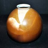 Vintage ball vase in flamed stoneware 1960 - caramel color with blue flow - signed DS