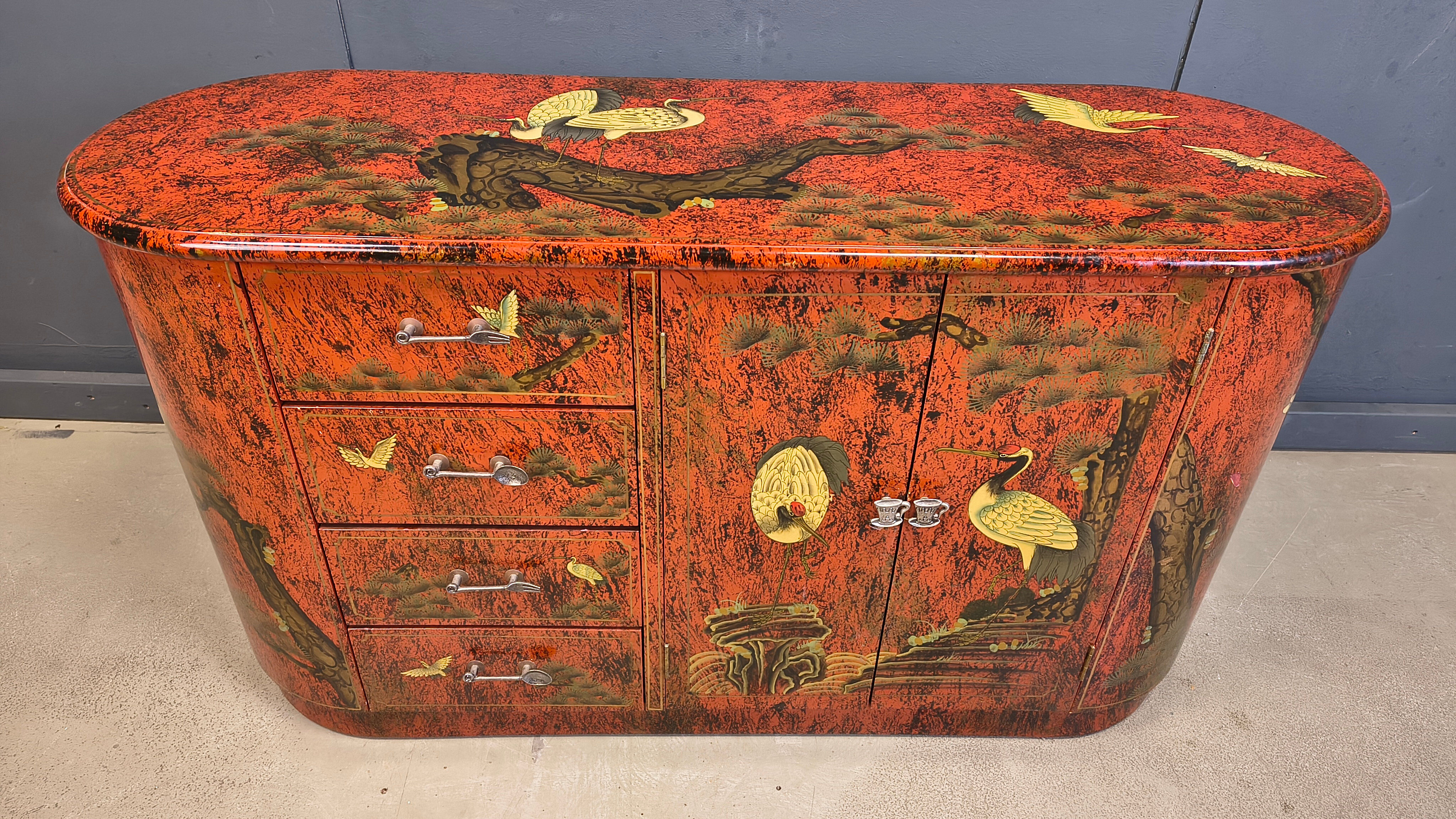 Vintage red chinoiserie cabinet, 1970s