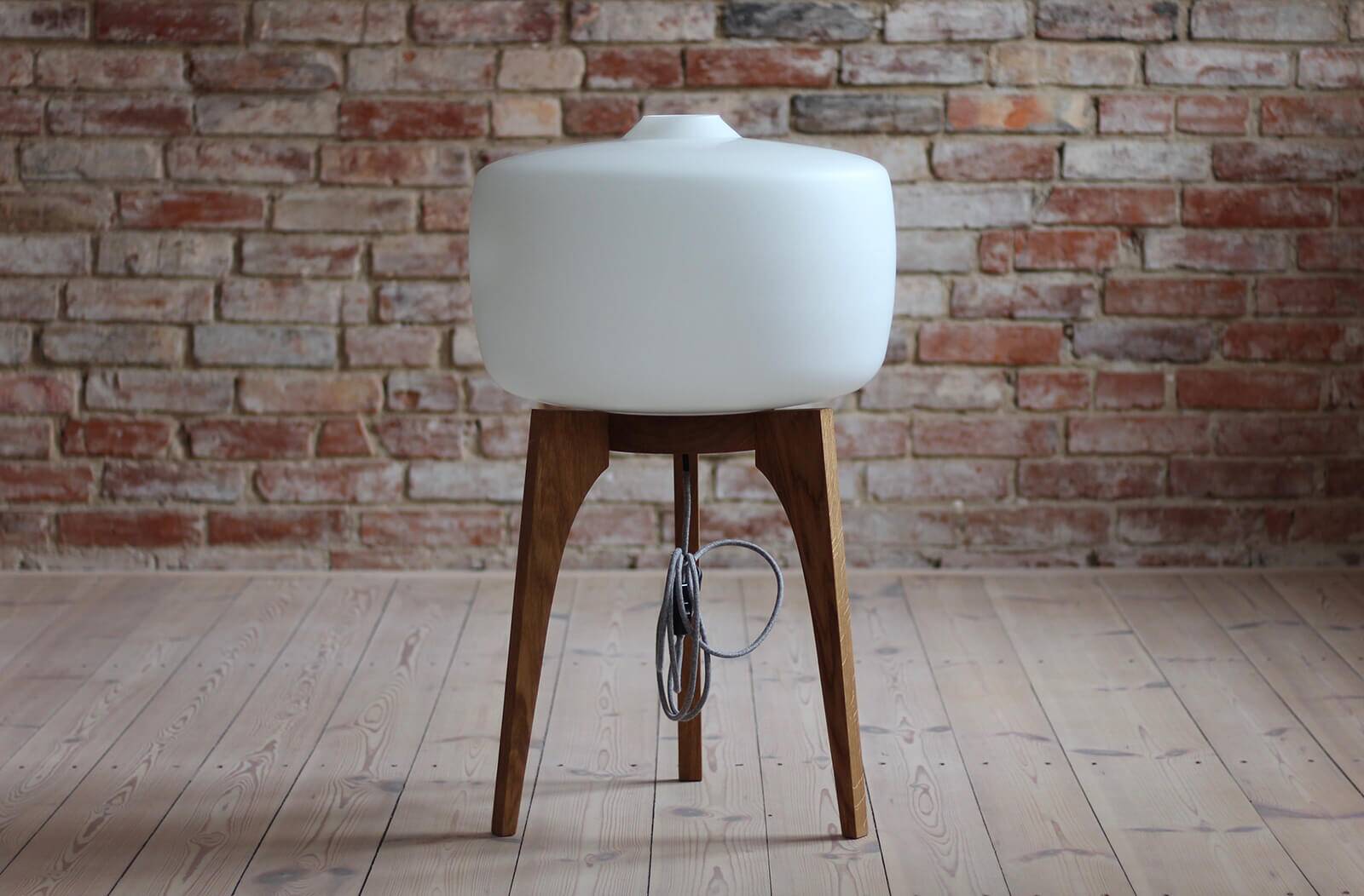 Floor Lamp, White Glass Lampshade, Wooden Base, Space Age, Midcentury