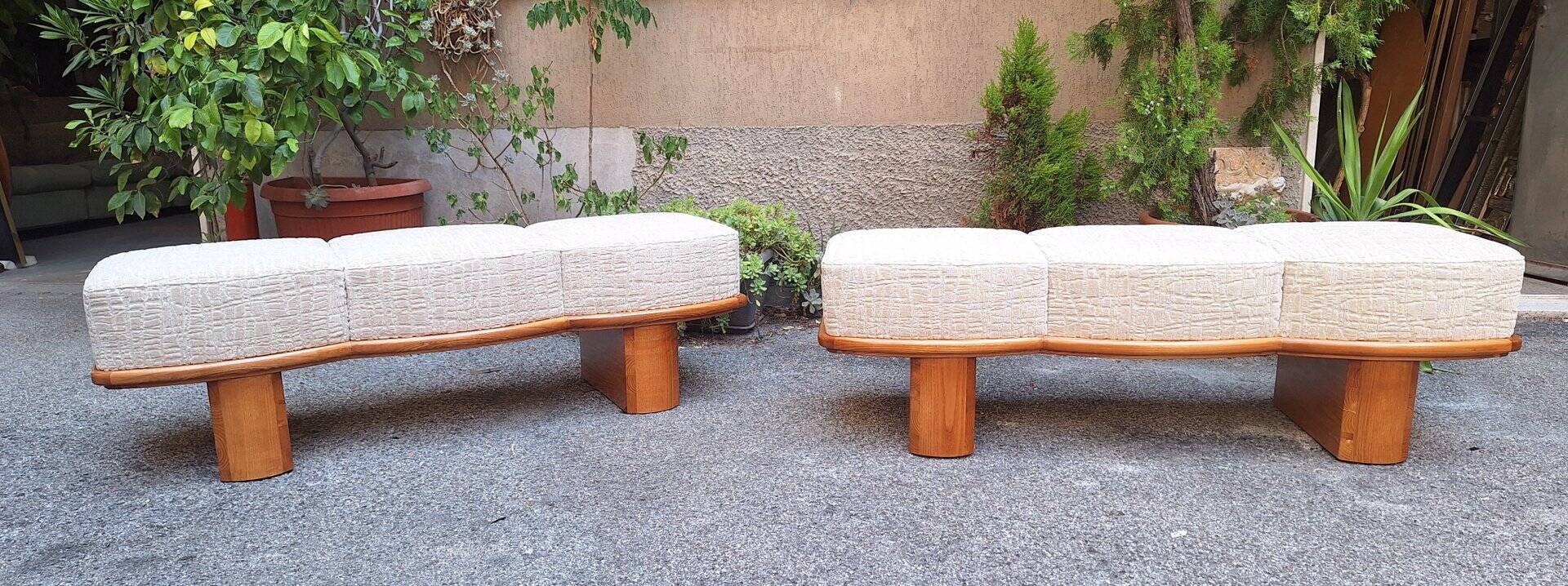 Three-Seater Benches in Sinuous Light Wood and Dedar Fabric, 2000s, Set of 2