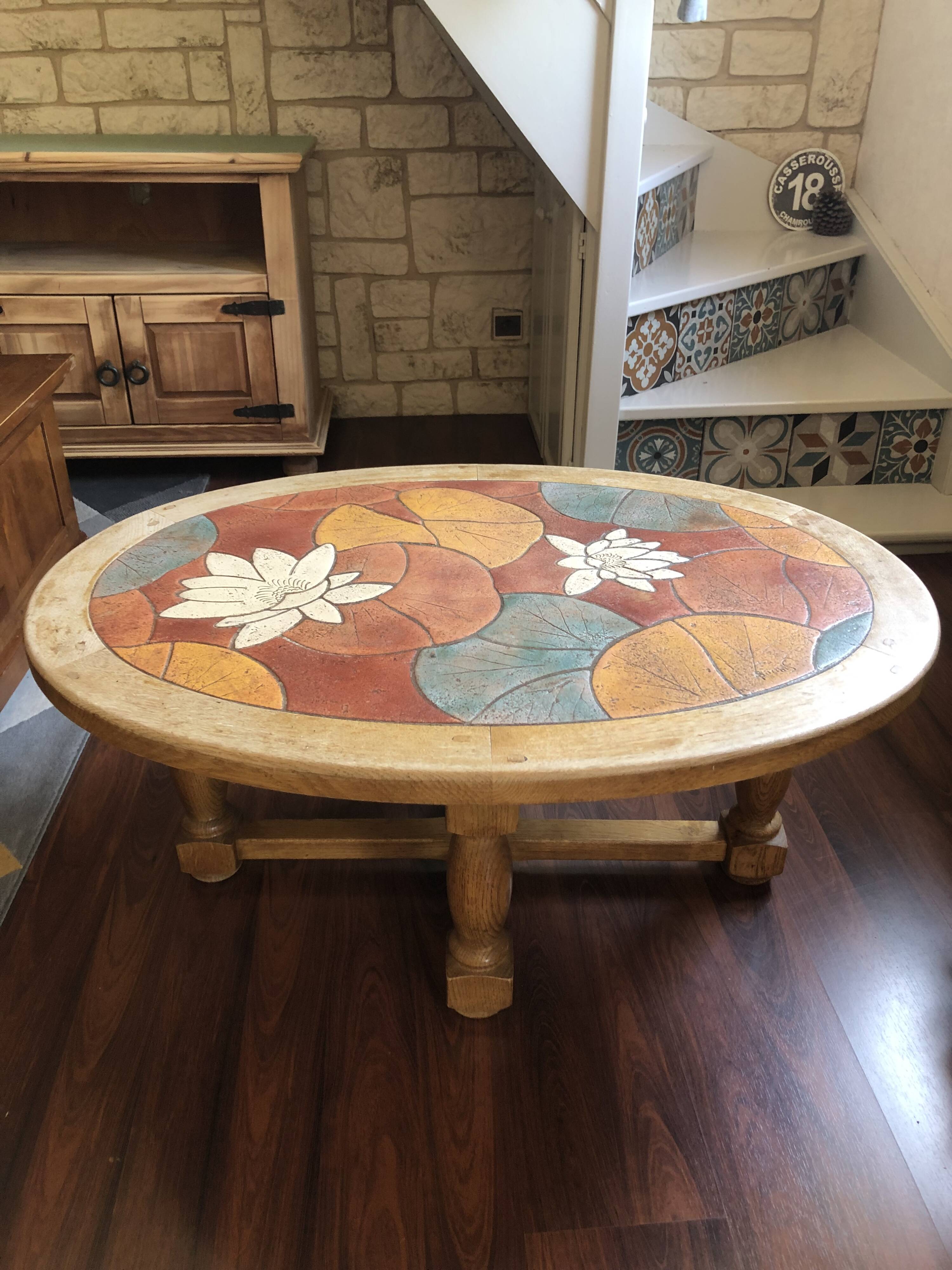 Table basse bois et céramique signée Louis Barrois