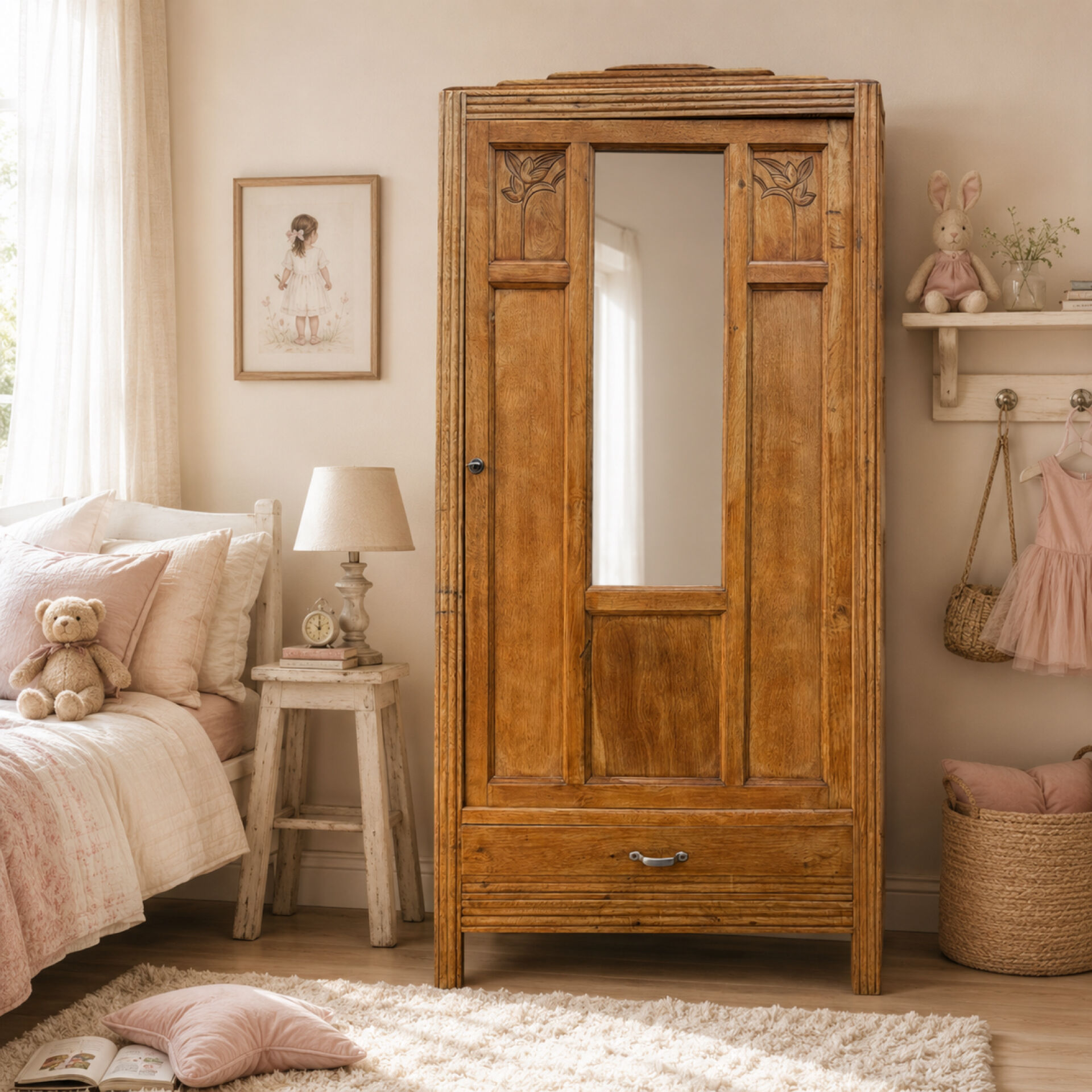 Parisian Art Deco wardrobe in raw oak, renovated.