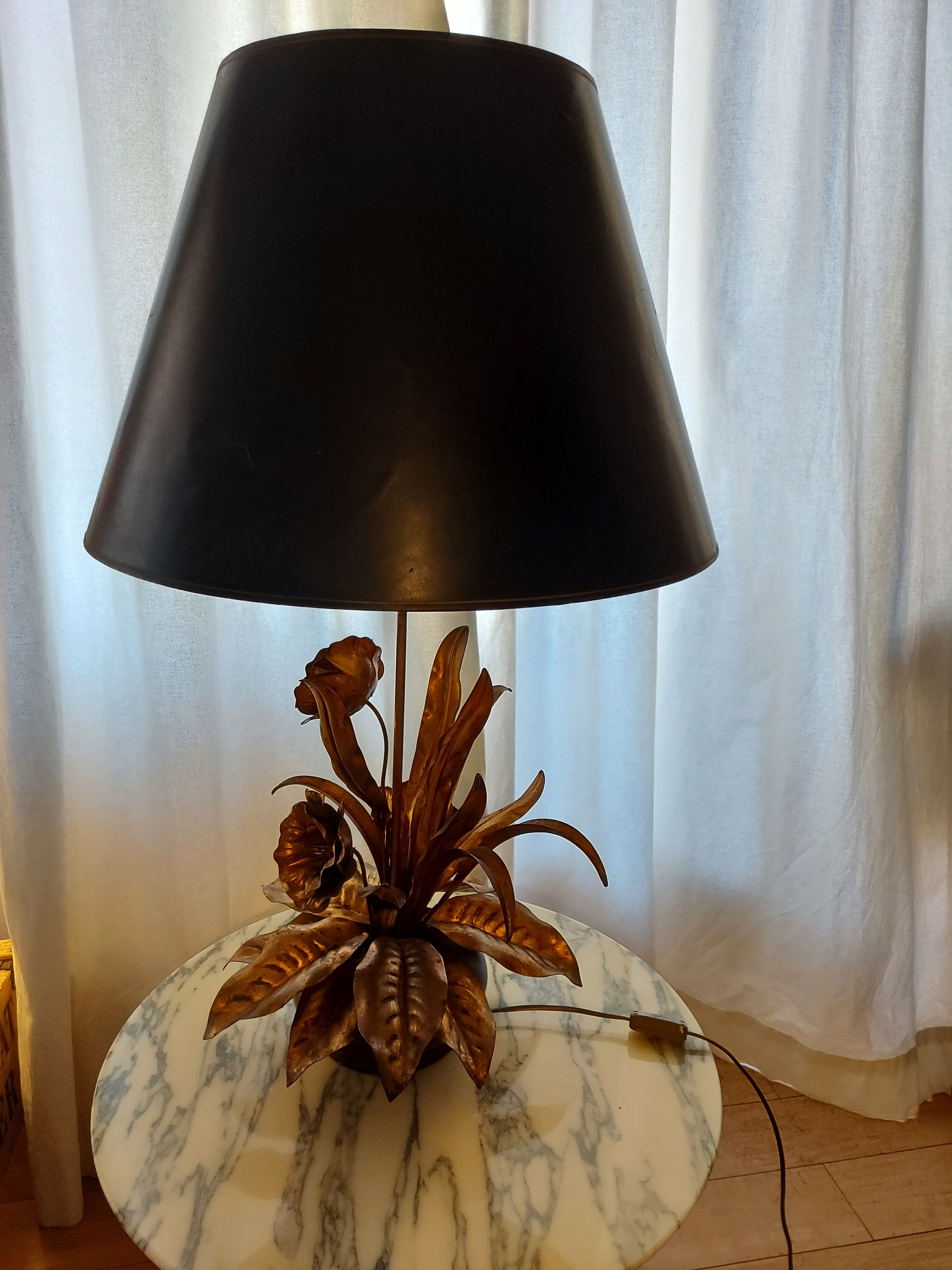 Large lamp, bouquet of vintage anemone flowers, gold metal, Hans Kogl