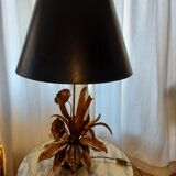 Large lamp, bouquet of vintage anemone flowers, gold metal, Hans Kogl