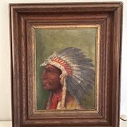 Old oil painting on panel of a Native American chief from the 19th century Wild West.