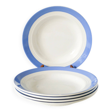Lot de 5 assiettes creuses St Amand Céranord, modèle Biec, liseré bleu ciel, 1960