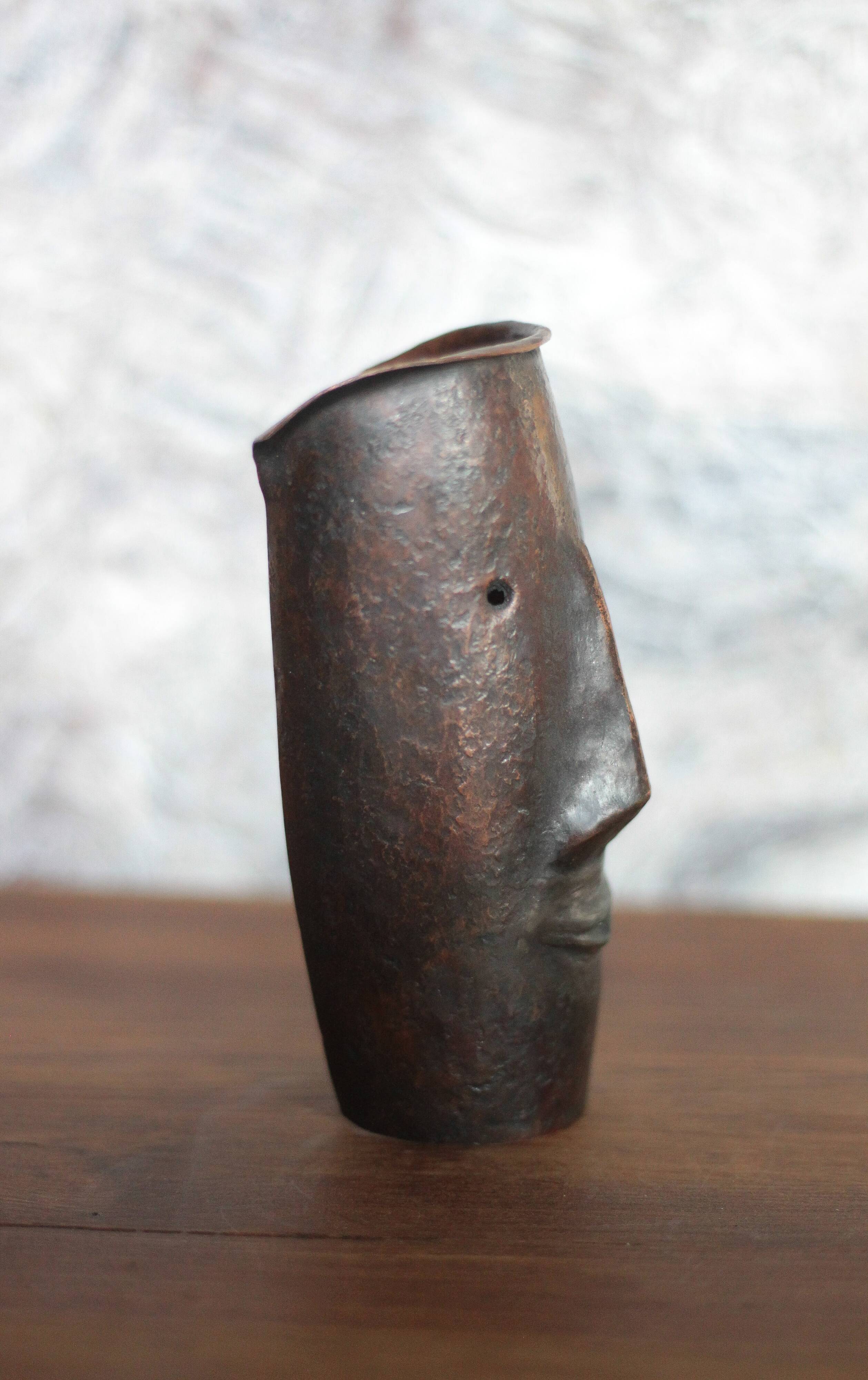 Copper sculpture signed Beaucousin Gérard, face-shaped sculpture, collection.