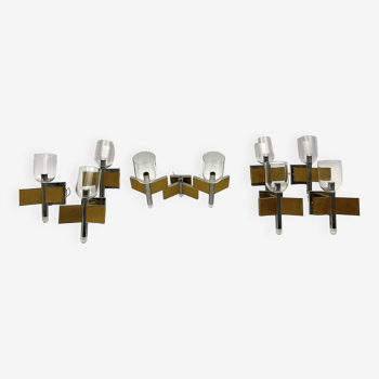 Mid-Century Modern set of eight brass and chrome sconces by Sciolari. Italy 1970s