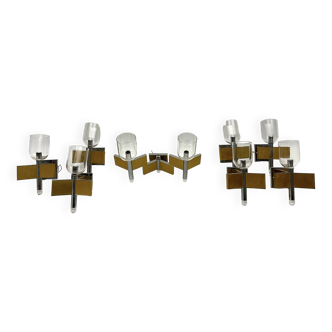 Mid-Century Modern set of eight brass and chrome sconces by Sciolari. Italy 1970s