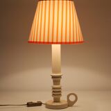 Candlestick lamp, Antique turned wooden base & Striped lampshade